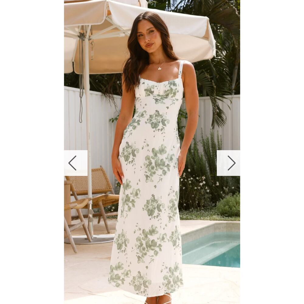 White & Sage Floral Midi Dress - Elegant Sundress